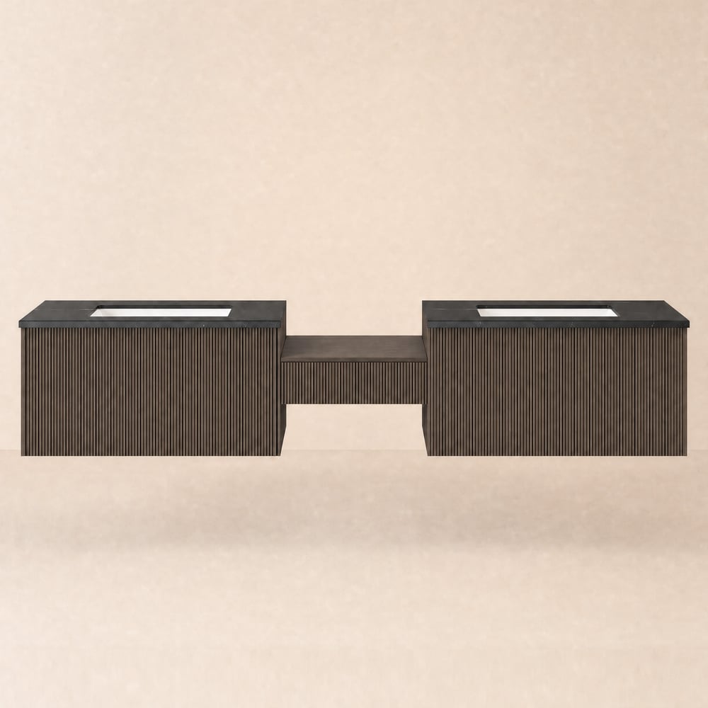 Ensemble de vanité de salle de bain flottant moderne à double vasque avec table de maquillage en noyer image de fenêtre