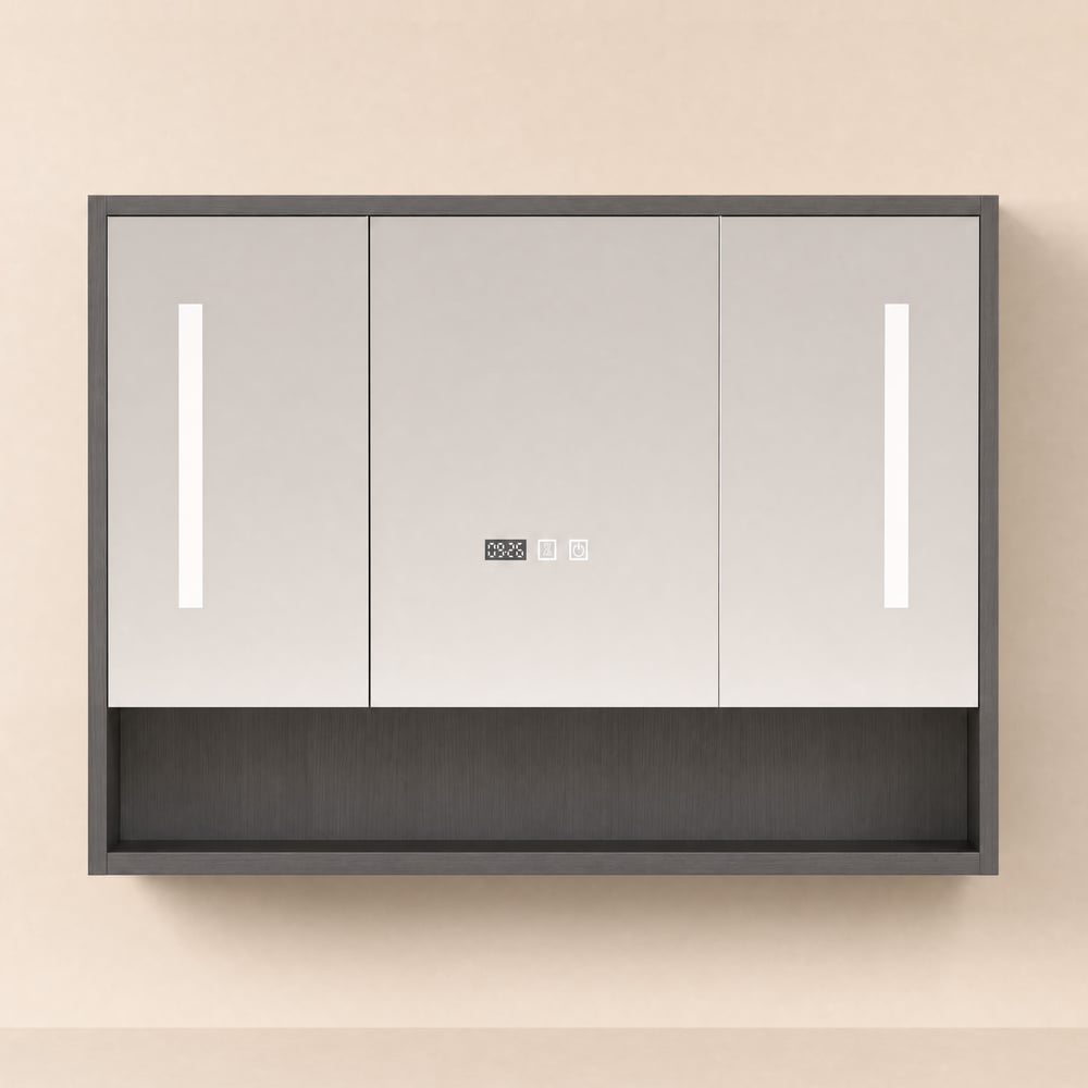 1000mm Black LED Medicine Cabinet with Adjustable Lighting, Demister & Digital Clock window image