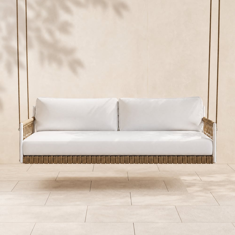 Dwumiejscowa sofa huśtawka Ropipe Outdoor z aluminium i plecionki linowej w kolorze białym obraz okna
