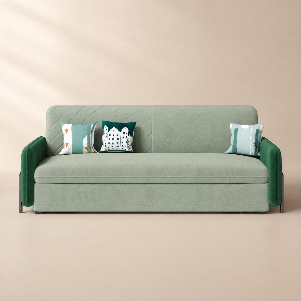 170 cm 3-Seater Green Velvet Convertible Sleeper Sofa with Storage & Pillows window image