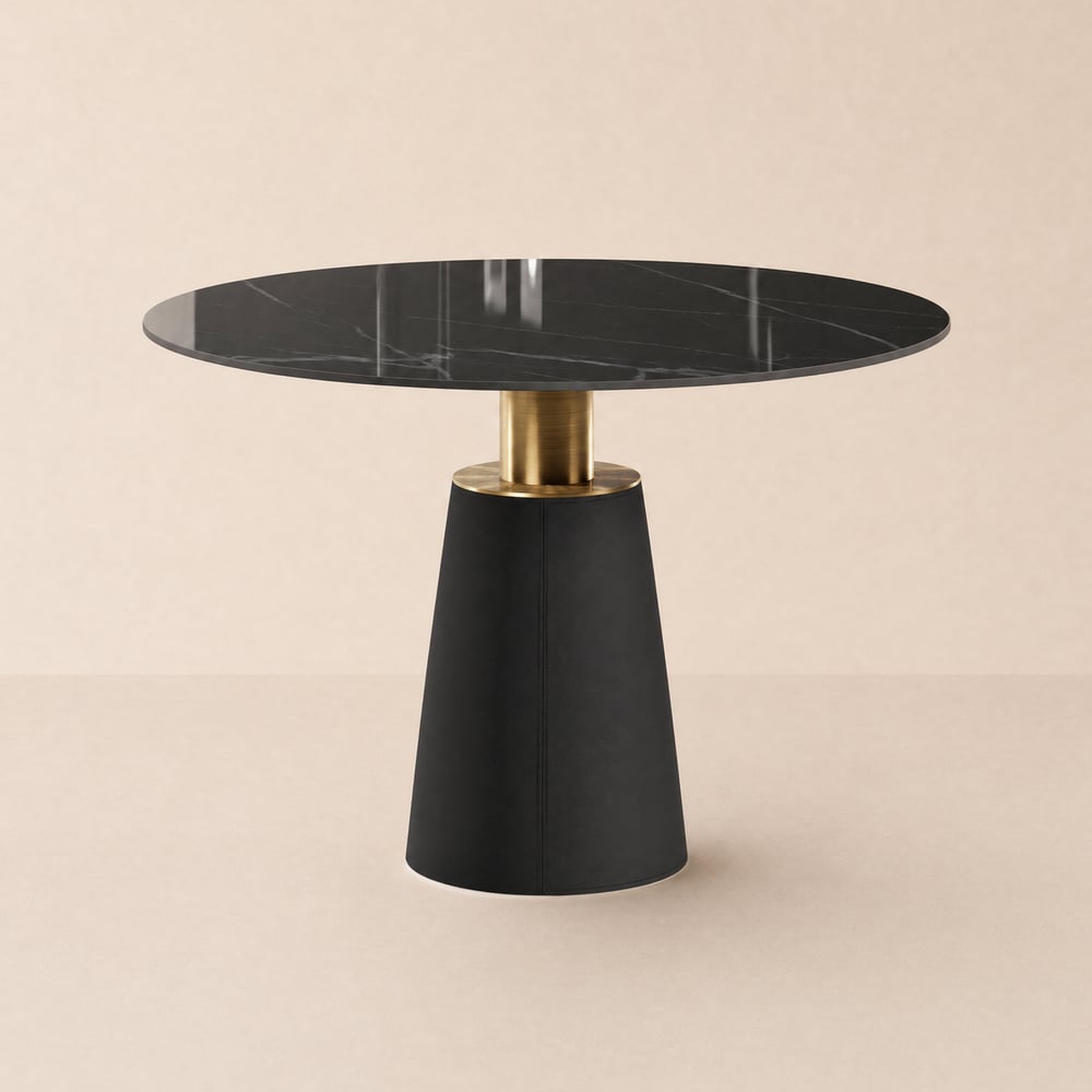 Modern 39" Round Glossy Sintered Stone Dining Table with Leather-Wrapped Base, Seats 2 window image