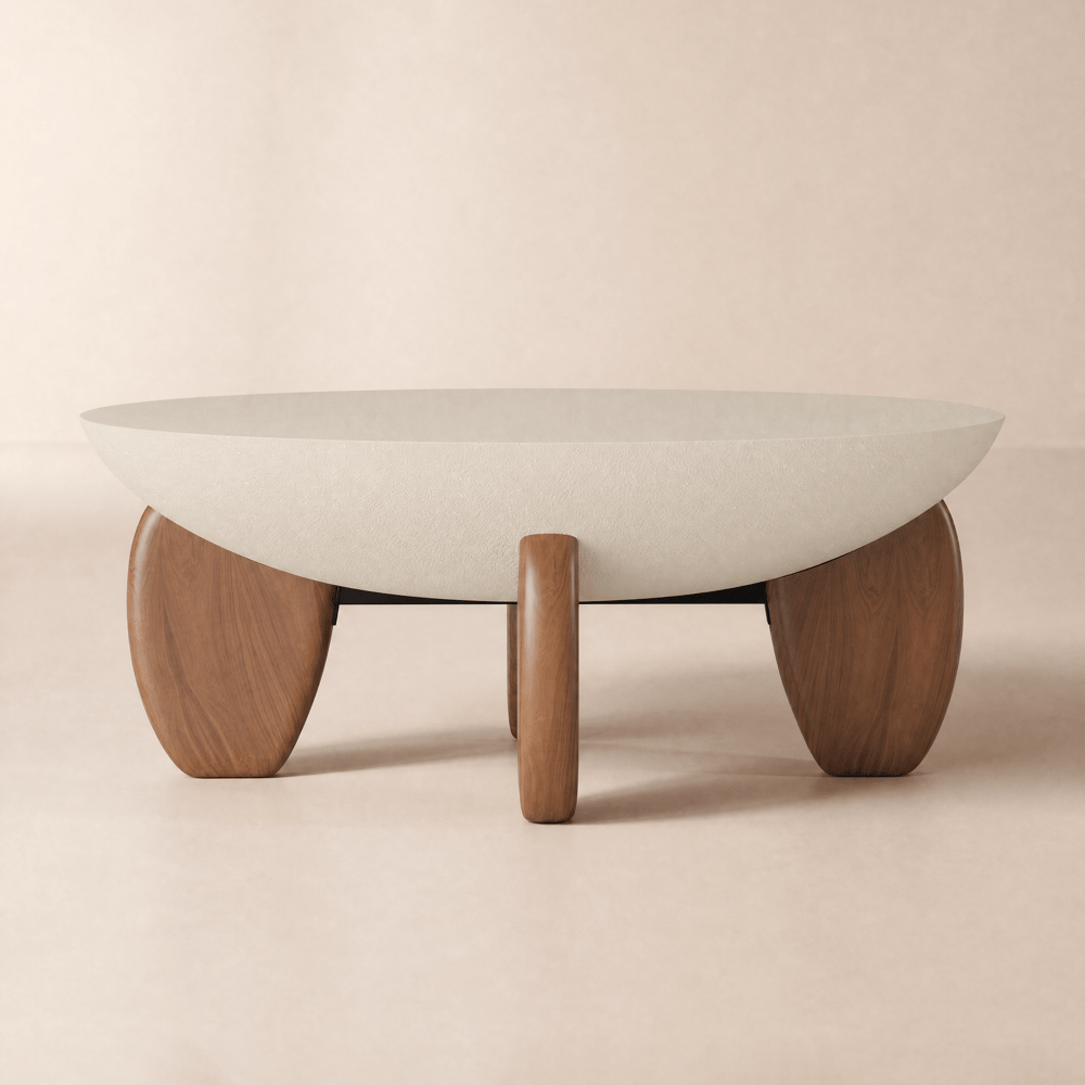 Tavolino da caffè rotondo Curva da 37" in fibra di vetro effetto cemento con gambe in legno Immagine della finestra
