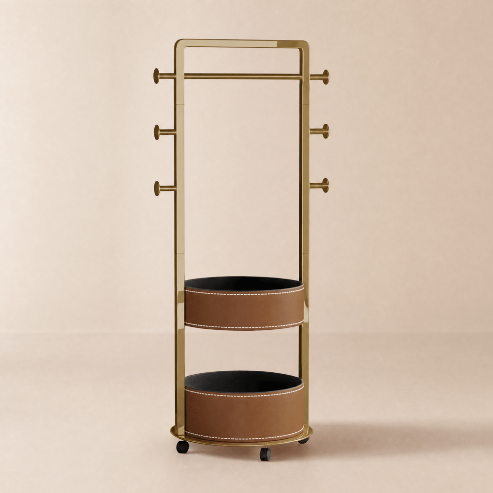 Coat Rack Stand with 2 Trays Saddle Leather Hall Tree window image