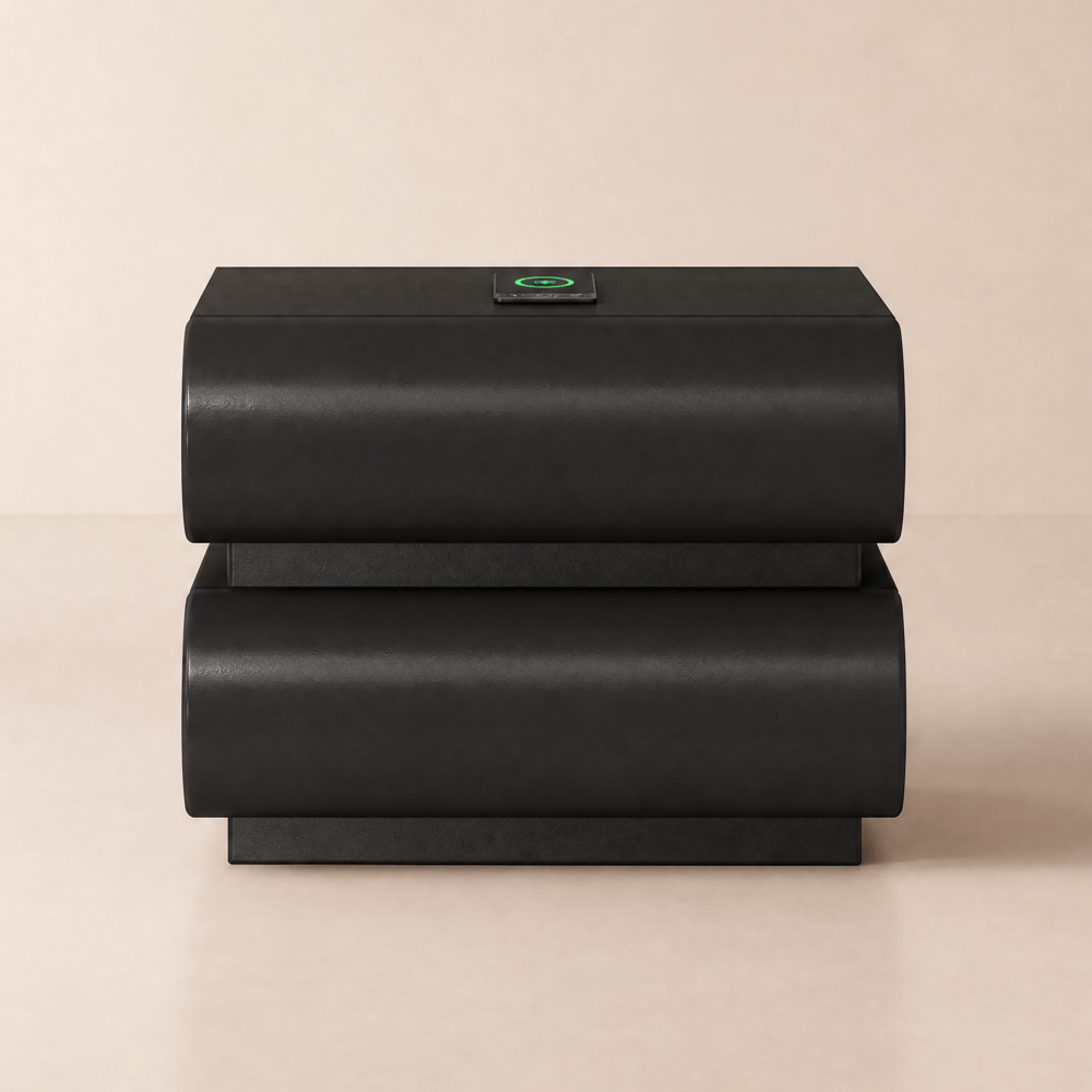 Humply Black Faux Leather 2-Drawer Nightstand with Charging Station window image