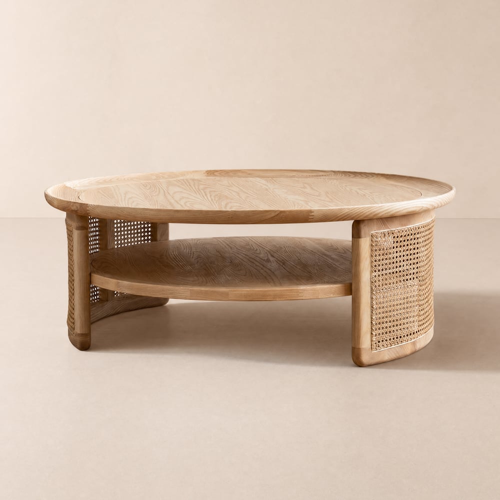 2-Tiered Japandi Round Wood Coffee Table with Rattan Base window image