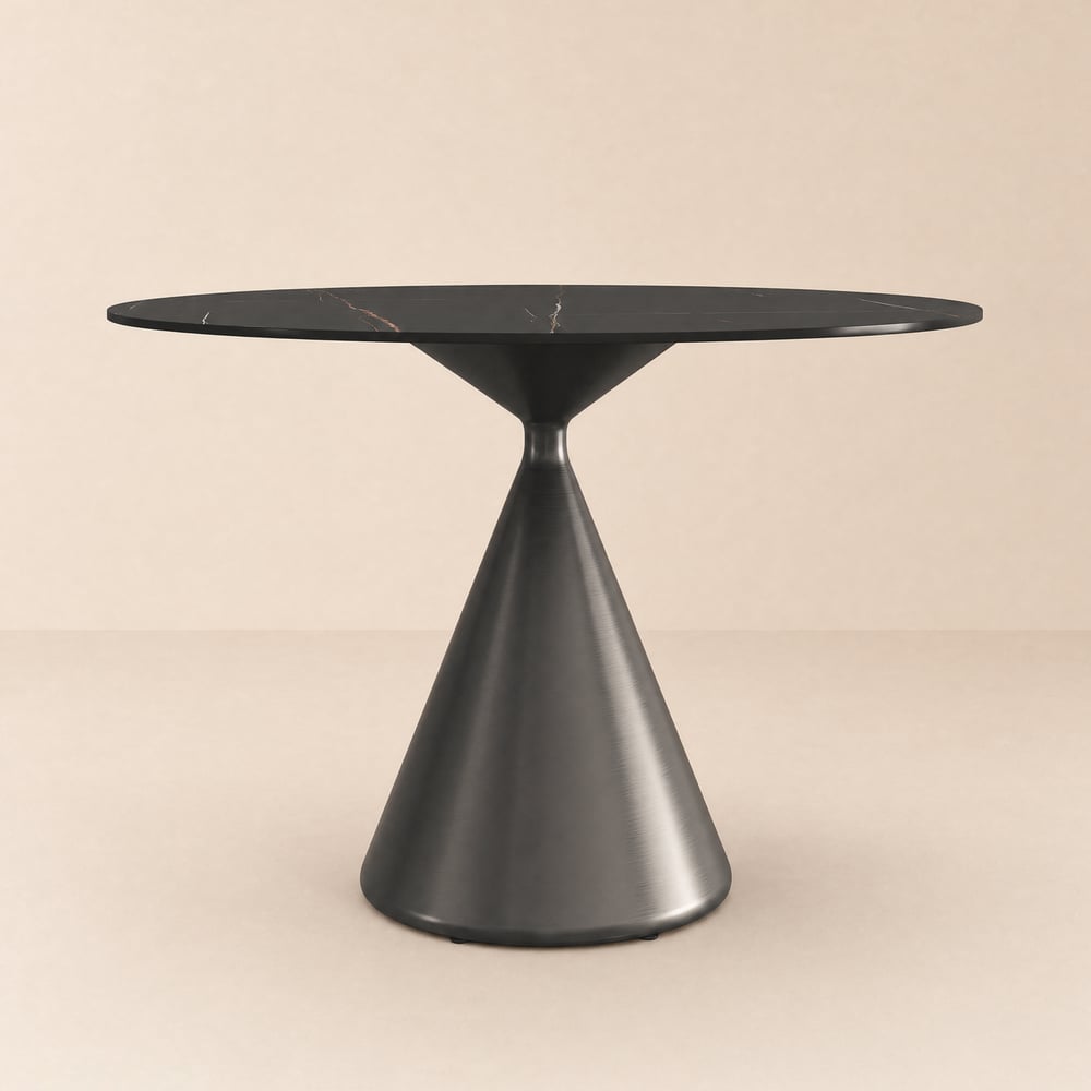 Table à manger ronde en pierre frittée de 1000 mm avec base noire brossée pouvant accueillir 2 à 4 personnes image de fenêtre