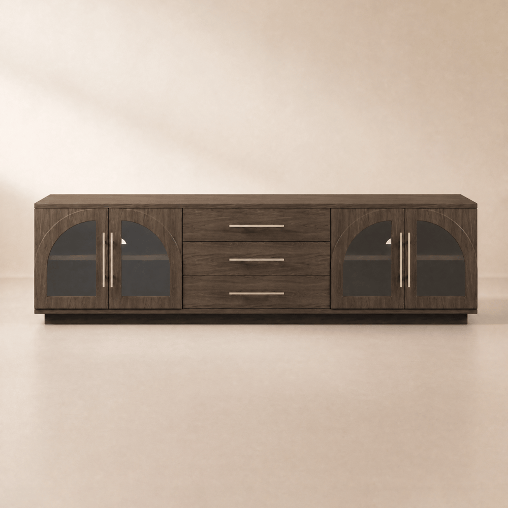 Arune 180 cm Arched Glass Doors Smoked Brown TV Stand with Storage and LED window image