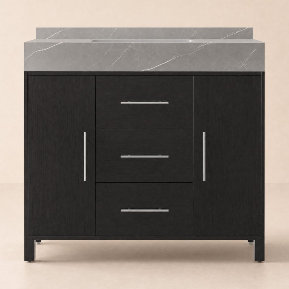 39.4" Freestanding Black Bathroom Vanity, Sintered Stone Countertop & Silver Handles window image