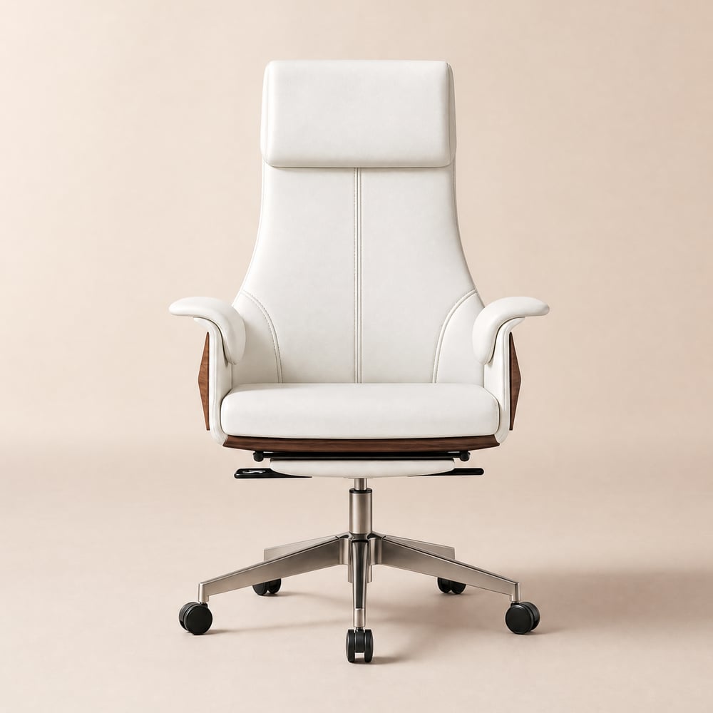 Ergonomic White Faux Leather High Back Reclining Swivel Office Desk Chair with Footrest window image
