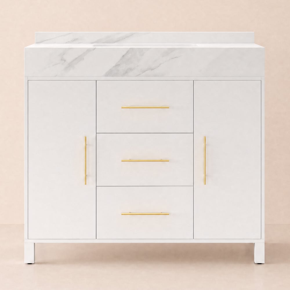 1000mm Freestanding White Bathroom Vanity, Sintered Stone Countertop & Gold Handles window image