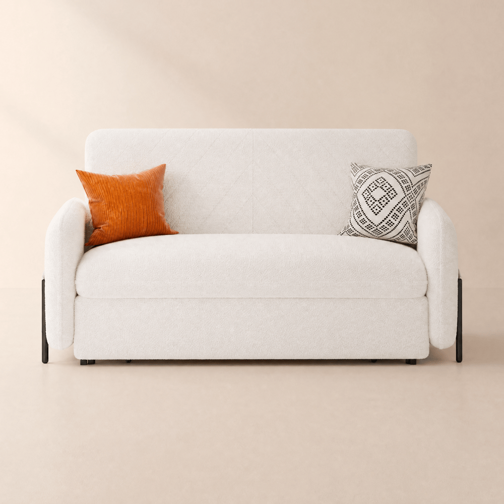 170 cm 2-Seater Warm White Boucle Convertible Sleeper Sofa with Storage & Pillows window image
