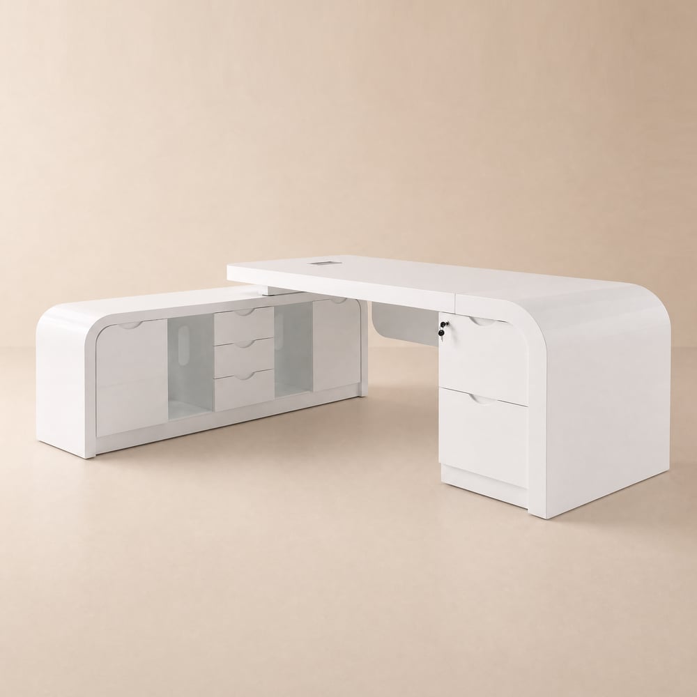 Chicent White L-shaped Modern Computer Desk with Cabinet Left Hand (1800mm) window image