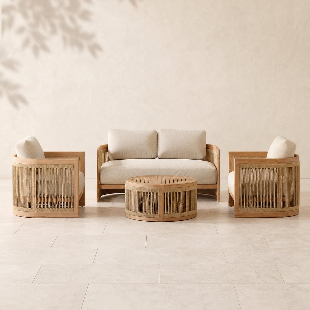 4-tlg. Gartensofa-Set Boheva aus Teakholz und Seilgeflecht mit Couchtisch für 4 Pers. Schaufensterbilder