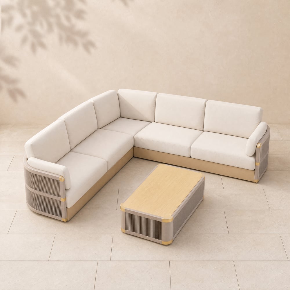 Costra Handwoven Rope L-Shaped Outdoor Sofa with Coffee Table in Ivory window image