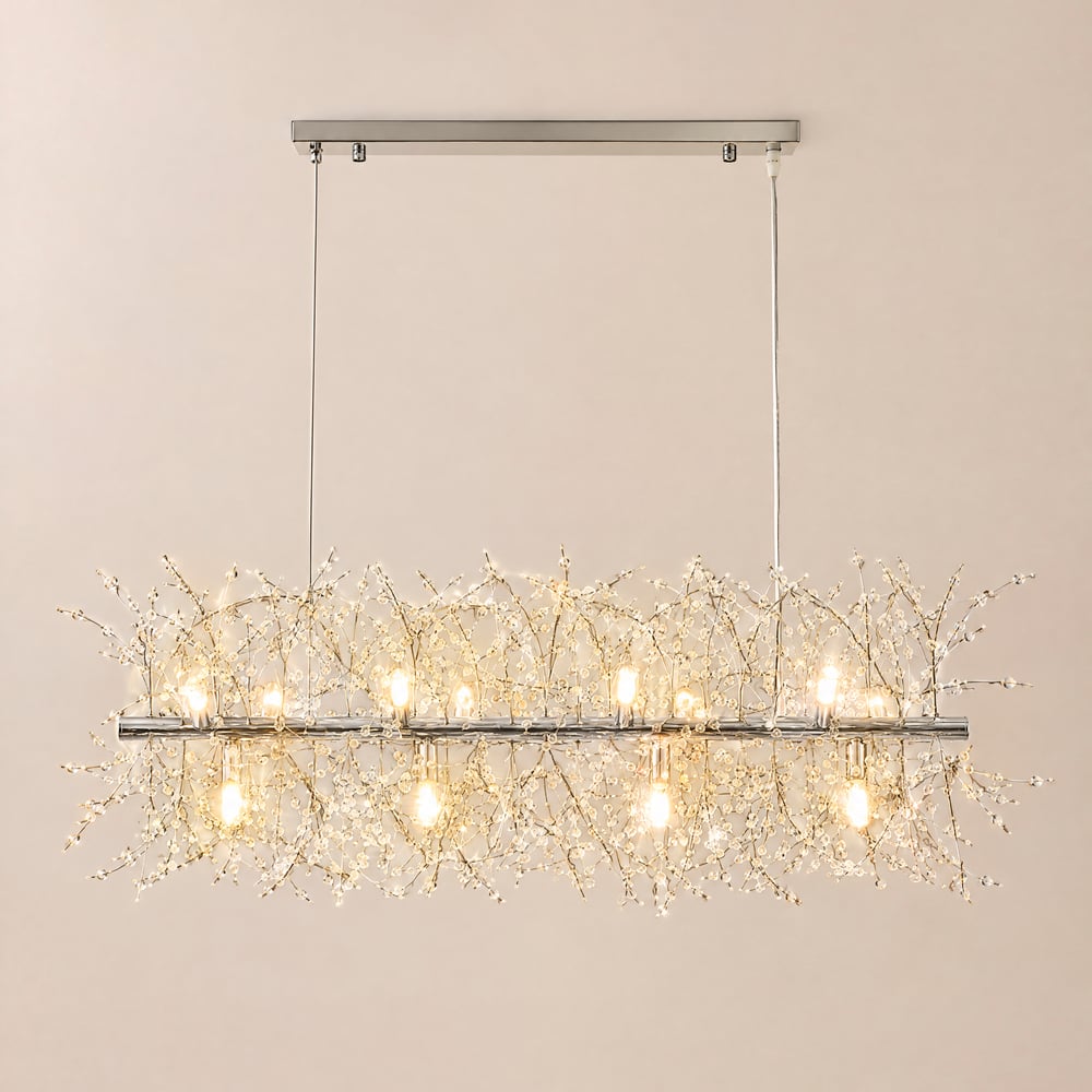 Nowoczesne oświetlenie wyspy kuchennej Sputnik z kryształowym fajerwerkiem Mid-Century Modern z 12 lampami, w kolorze chromu obraz okna
