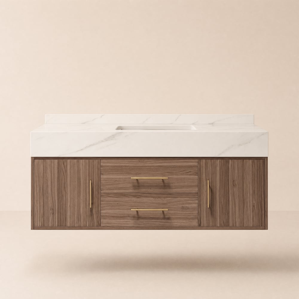 Modern 39" Walnut Floating Single Bathroom Vanity with Sintered Stone Top and Sink window image