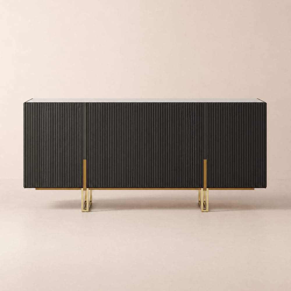 Grovyn 1600mm Buffet Sideboard Sintered Stone Top Black Fluted with Adjustable Shelves window image