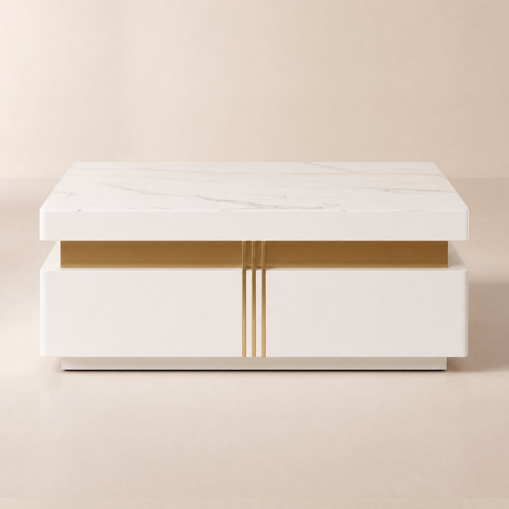Modern Square Coffee Table 110 cm with Sintered Stone Top and 4 Drawers in White window image