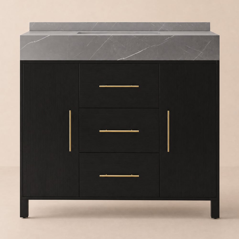 1000mm Freestanding Black Bathroom Vanity, Sintered Stone Countertop & Gold Handles window image