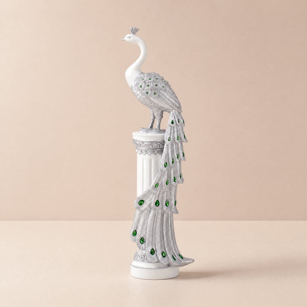 Statue de paon argentée de 70cm avec accents de diamants – Sculpture de paon de luxe en résine image de fenêtre