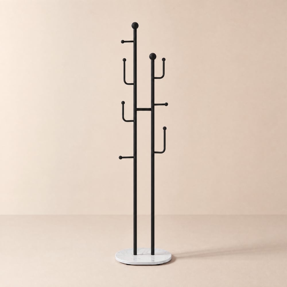 16" Modern Entryway Freestanding Coat Rack Metal 7 Hooks Marble Base in Black window image