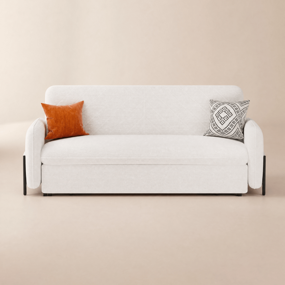 200 cm 3-Seater White Corduroy Convertible Sleeper Sofa with Storage & Pillows window image