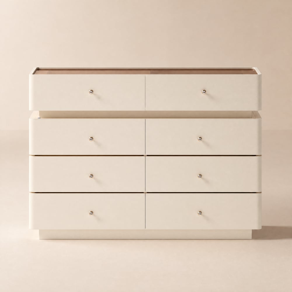 Modern 120 cm Tempered Glass Top 8-Drawer White Dresser with LED and Jewelry Trays window image