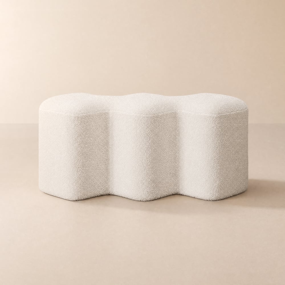 Banc d'entrée blanc moderne rembourré en boucle, pouf Molecule, cadre en bois image de fenêtre