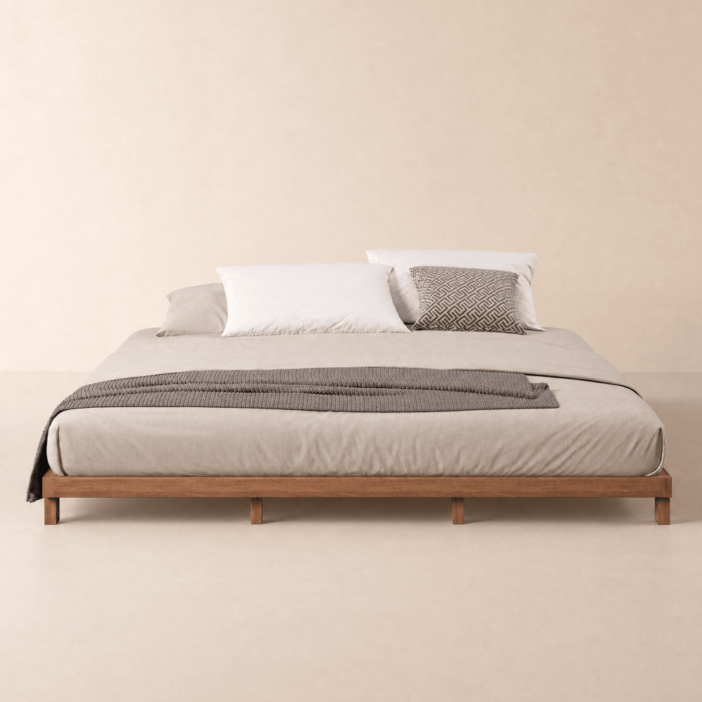 Letto Basso Giapponese in Legno Finitura Noce, 140 cm Immagine della finestra
