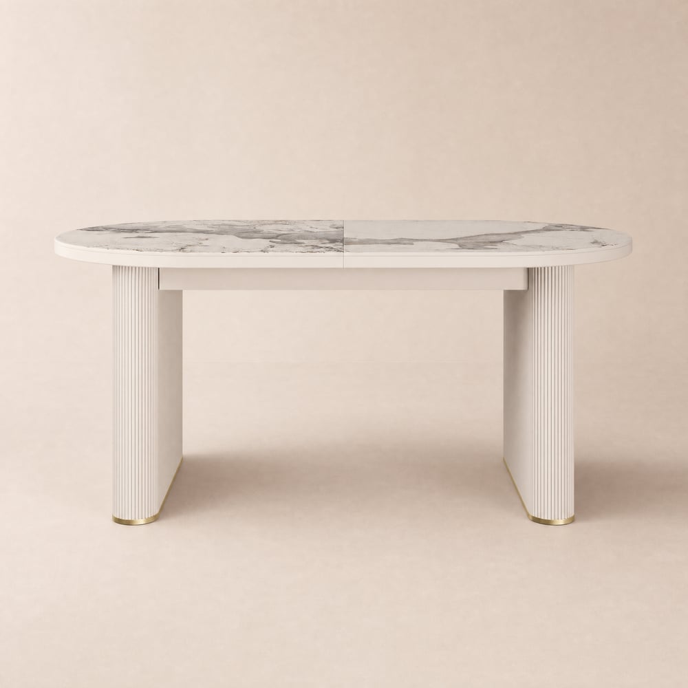 Table à manger ovale extensible avec plateau en pierre frittée blanche brillante pour 6-10 personnes, 200 à 240 cm image de fenêtre