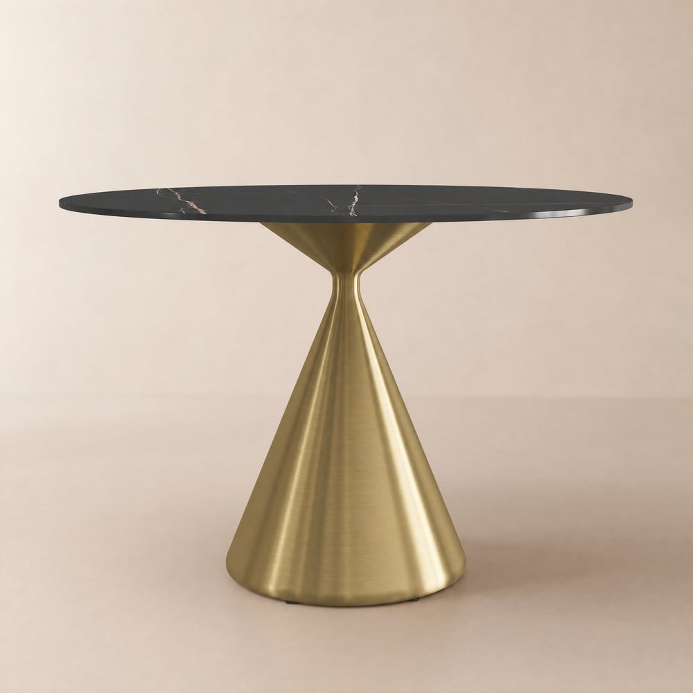 Table à manger ronde moderne 100 cm plateau pierre frittée mate, pied central métal or, pour 2 personnes image de fenêtre