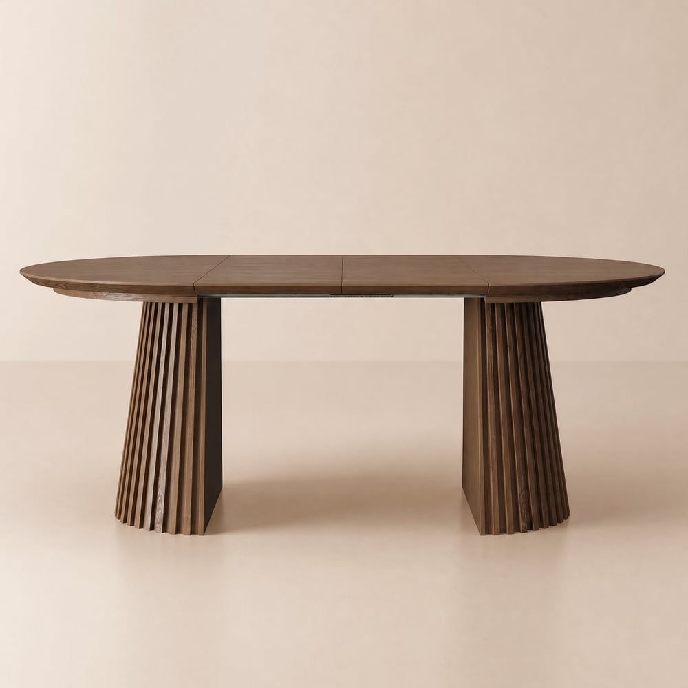 Table à manger moderne extensible de 119 cm à 201 cm en bois de noyer avec piètement cannelé, pour 4 à 6 personnes image de fenêtre