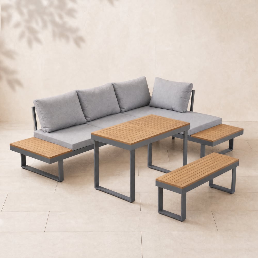 Slatera 4-Piece Outdoor Acacia & Aluminum Modular Sofa Set in Dark Gray window image