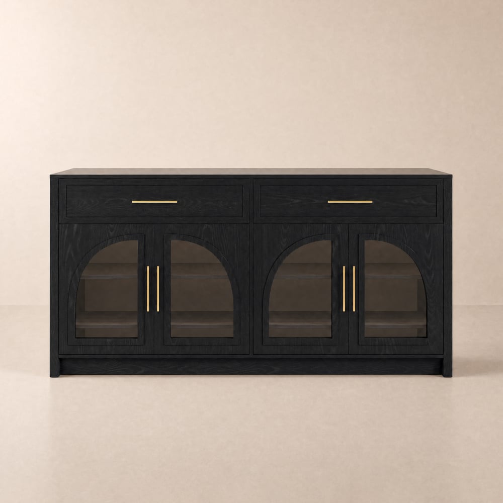 Arune, isole da cucina nere in stile moderno, 1800 mm, con ante e cassetti in vetro Immagine della finestra