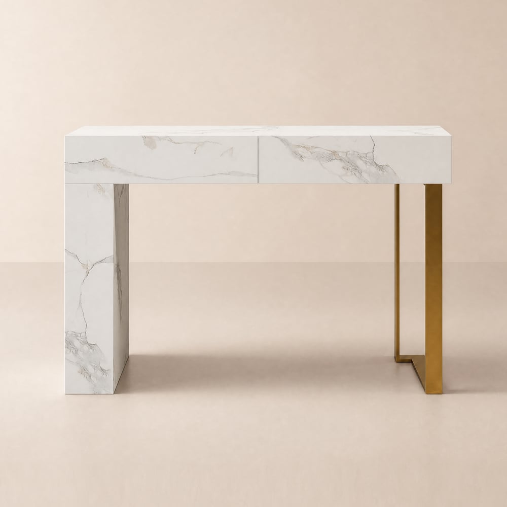 Modern 47" Marble Effect Console Table with 2 Drawers & Golden Leg window image