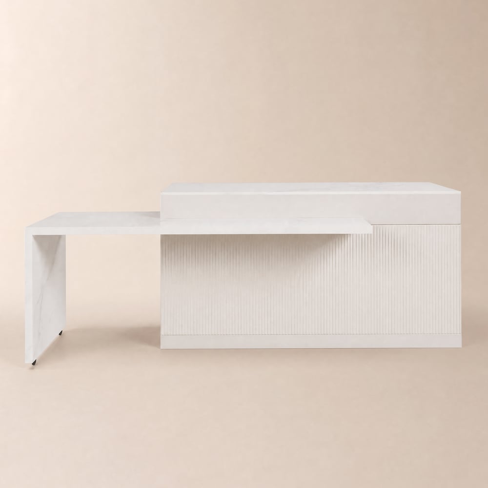 Îlot de cuisine extensible de 205 - 268 cm avec plan de travail en pierre frittée, portes et tiroirs blancs image de fenêtre