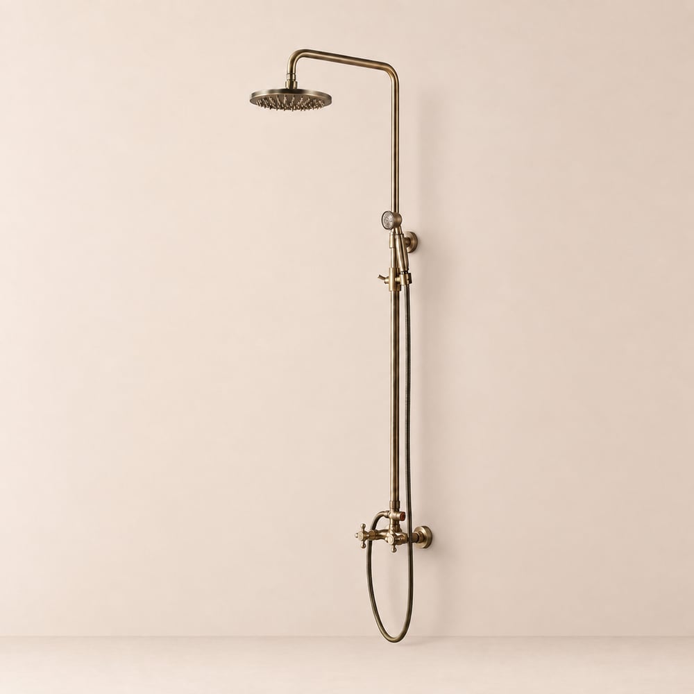 Classic Exposed Antique Brass Two Handle Round Rainshower Shower Fixture Solid Brass window image