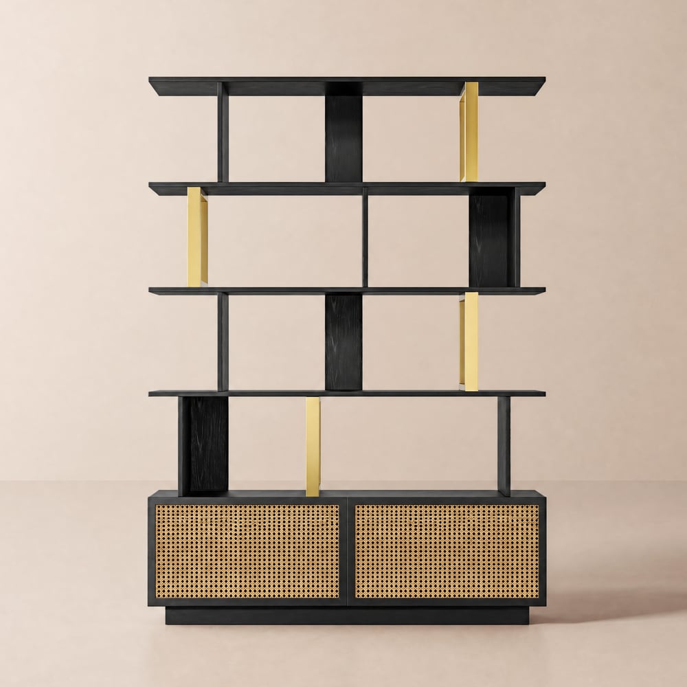 5-Tier Black Wood Bookshelf with 2 Doors Modern Bookcase in Gold Finish window image