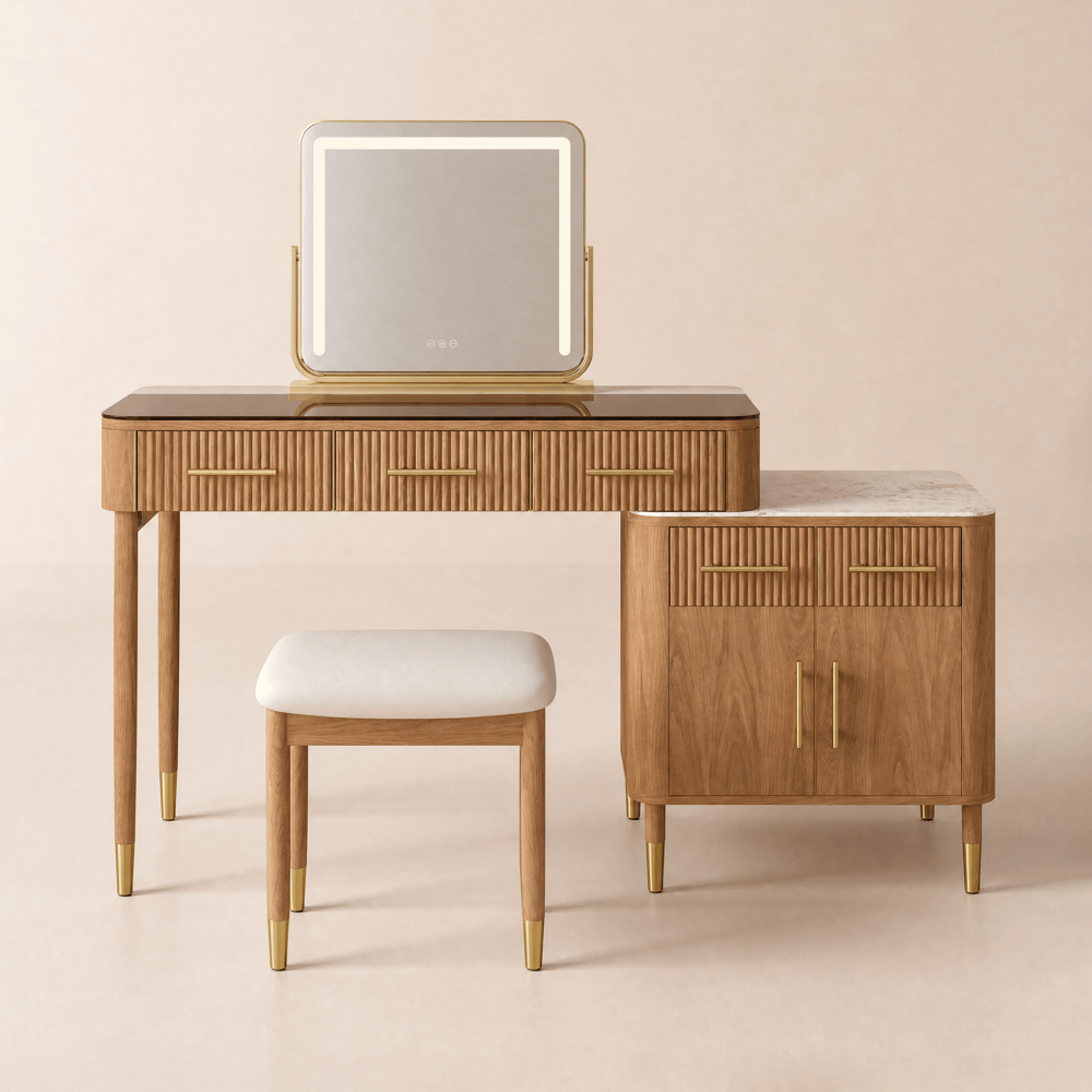 vanity table set with mirror and natural glass sintered stone top window image