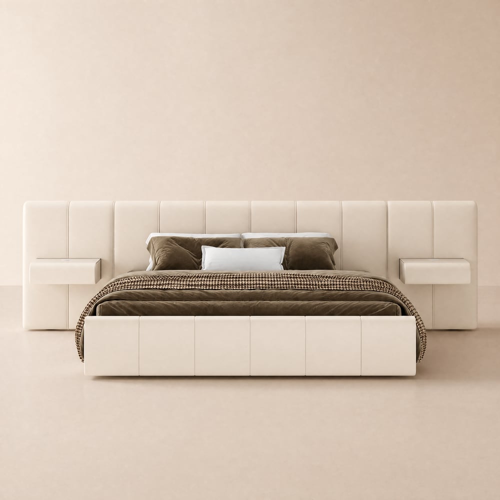 Humply King Size Upholstered Bed with Wide Headboard & Floating Smart Nightstand Set window image