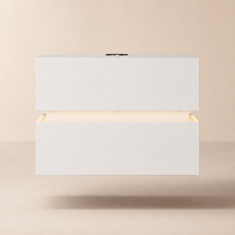 Table de chevet flottante Lumio avec 2 tiroirs, lumière LED et station de charge blanche image de fenêtre