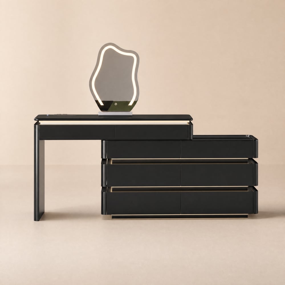 Coiffeuse lumineuse rétractable Lumio 120 cm finition noire avec miroir, station de charge image de fenêtre