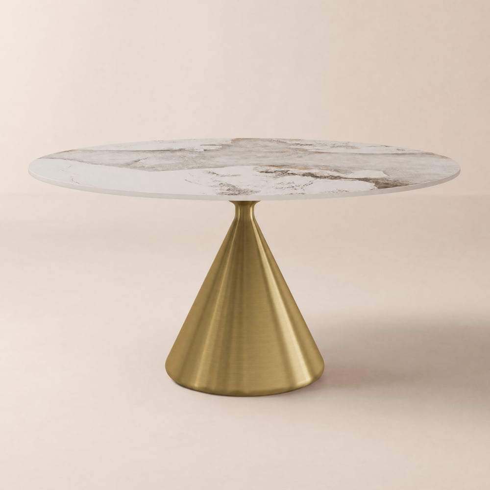 Modern 47" Round Glossy Sintered Stone Dining Table with Gold Metal Pedestal Base, Seats 4 window image