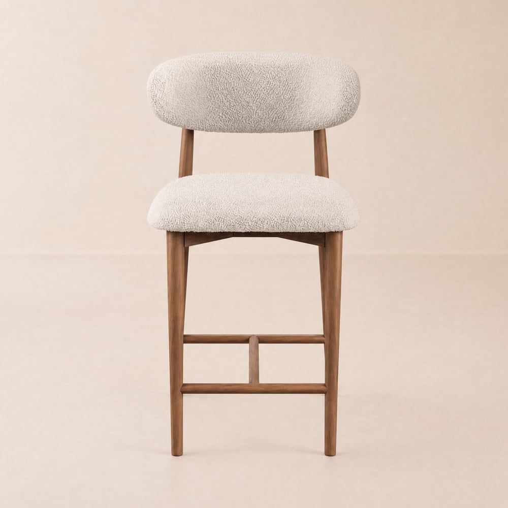 Modern Walnut Boucle Counter Stool with Wooden Legs, 1 Piece window image
