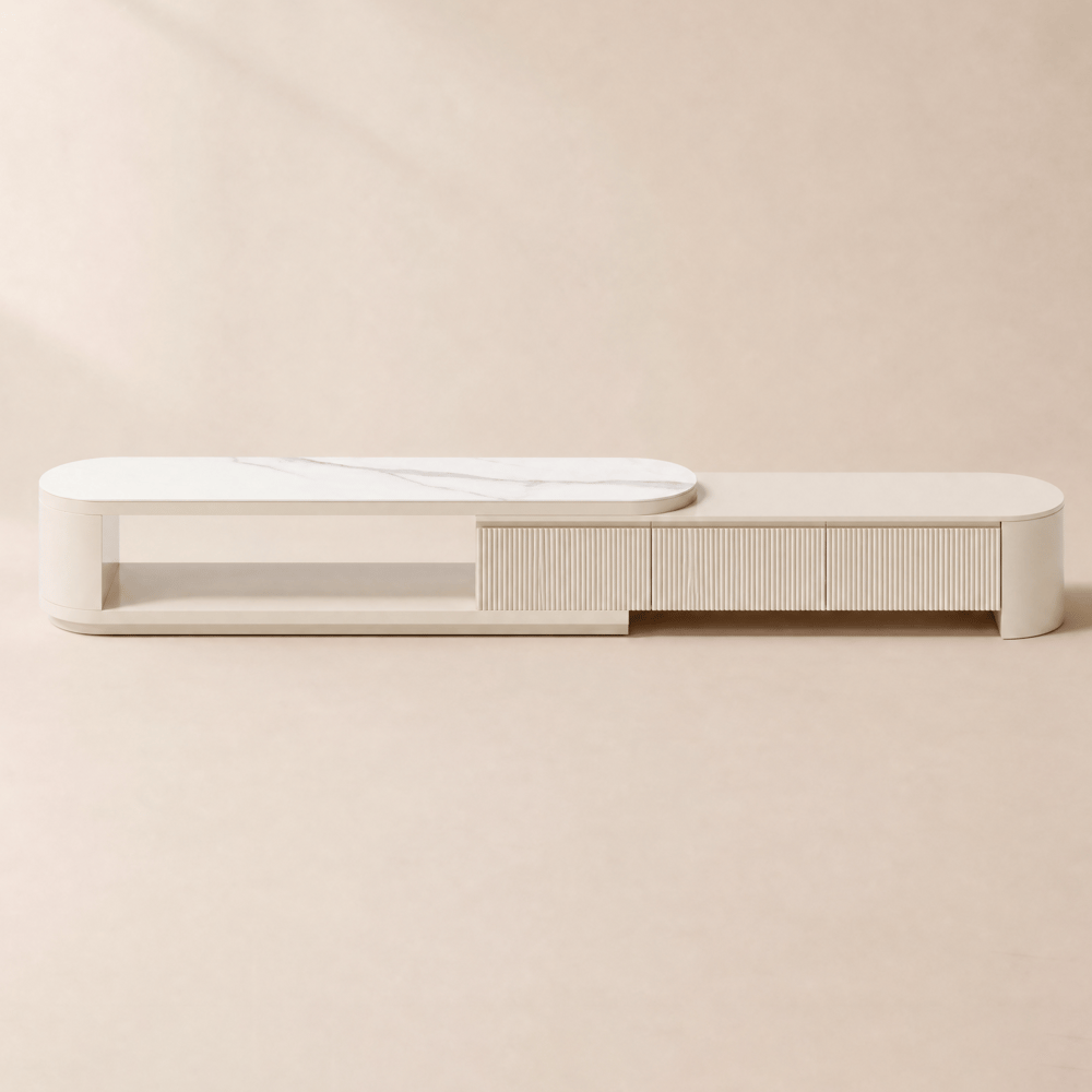 Velar ausziehbare TV-Lowboard aus Sinterstein mit 3 Schubladen Schaufensterbilder