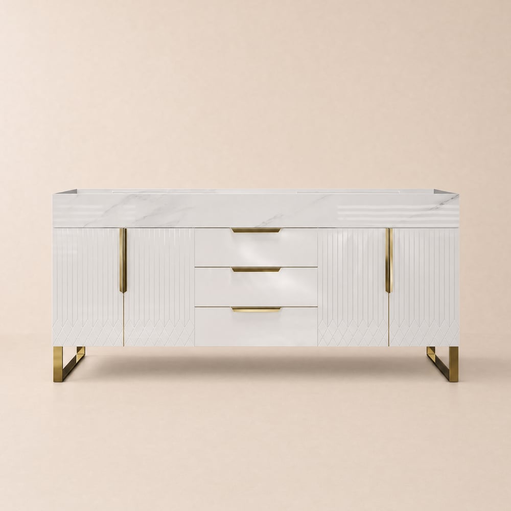 Conjunto de toucador de banheiro independente Aro de 1500 mm branco e dourado com pias Imagem da janela