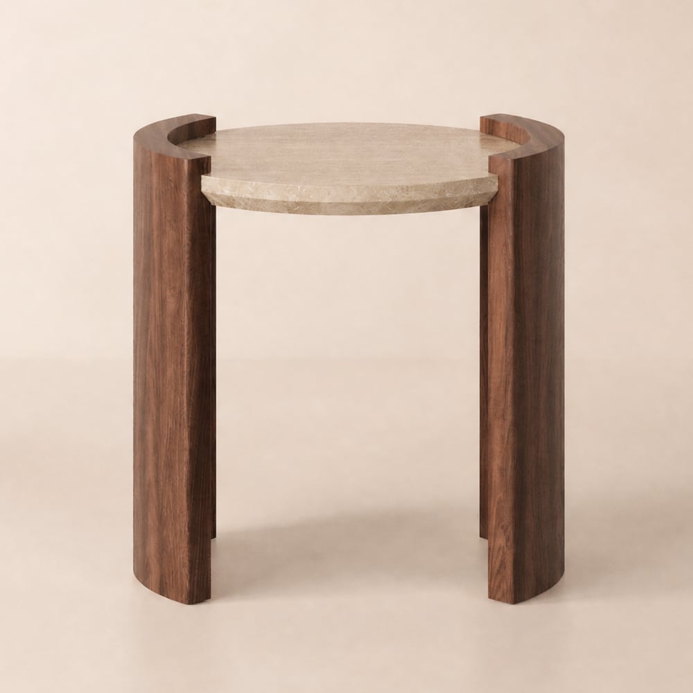 20" Walnut Round Side Table with Travertine Top window image