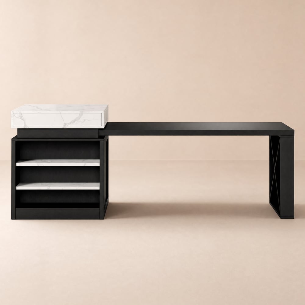 Isla de cocina extensible con gabinete, en blanco y negro Imagen de ventana