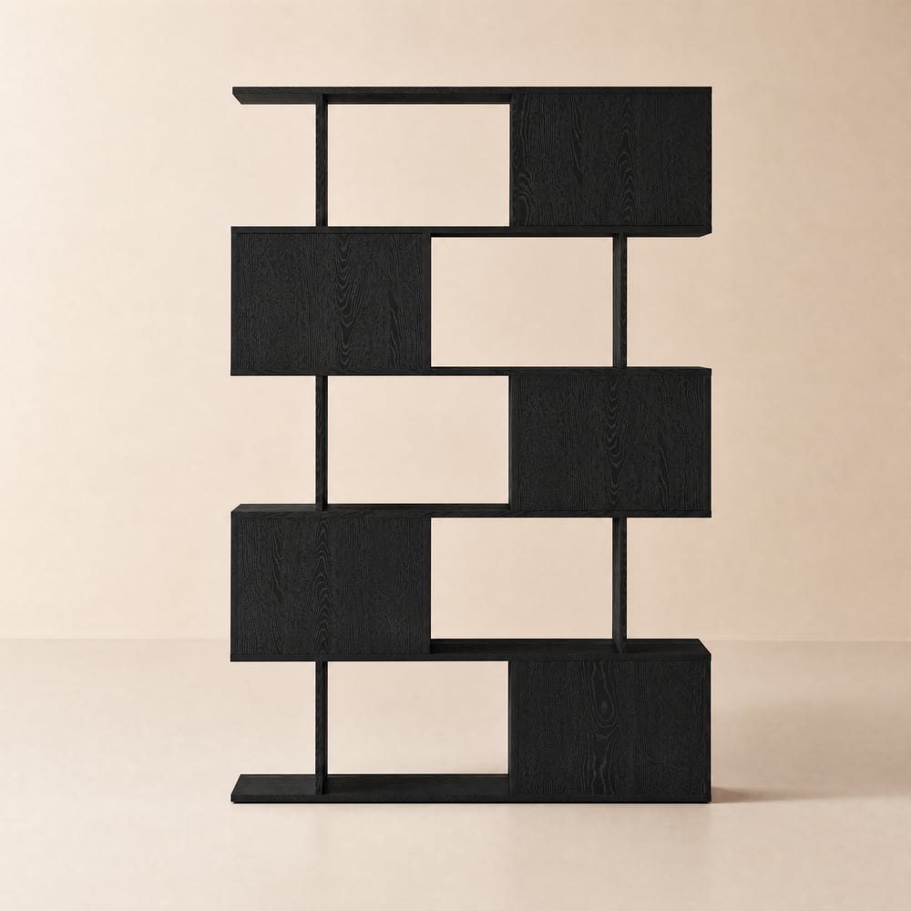 72.8" Black Sliding Door Etagere Bookshelf 5-Shelf Tall Book Shelf Rich Storage window image