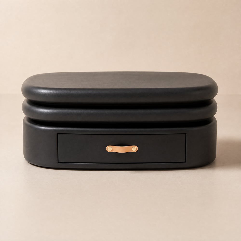 Table basse rotative ovale moderne en galets noirs à 3 niveaux avec rangement image de fenêtre